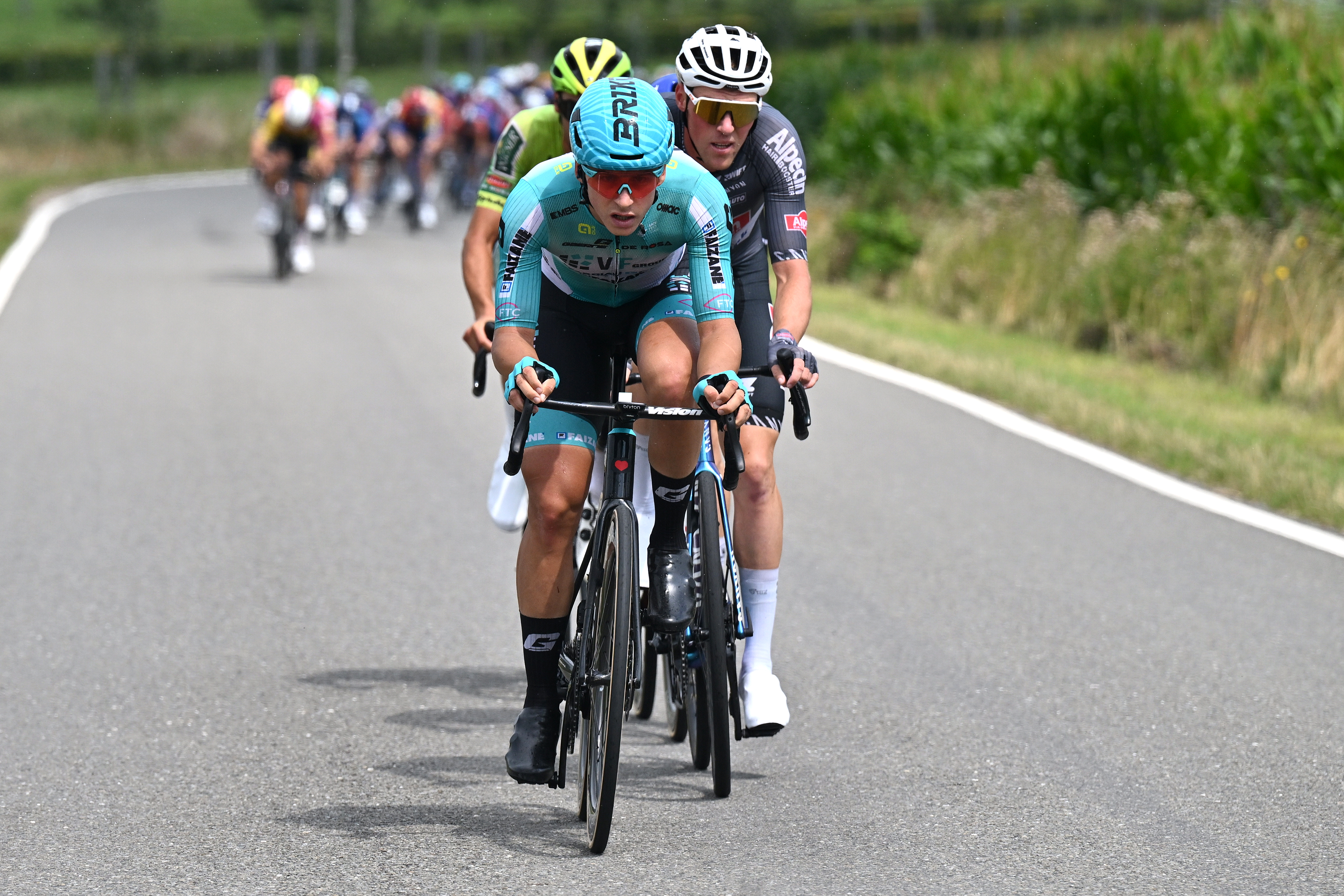 SAMBREVILLE, BELGIUM - JULY 27: (L-R) Filippo Magli of Italy and Team VF Group - Bardiani CSF - Faizane and Timo Kielich of Belgium and Team Alpecin - Deceuninck compete in the breakaway during the 46th Tour de Wallonie2025, Stage 2 a 153.1km stage from Huy to Sambreville on July 27, 2025 in Sambreville, Belgium. (Photo by Luc Claessen/Getty Images)
