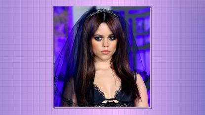 Jenna Ortega wears a black dress and veil as she attends the world premiere of Netflix's "Wednesday" at Hollywood Legion Theater on November 16, 2022 in Los Angeles, California/ in a purple template