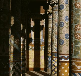 Pillars decorated with colourful tiled mosaics