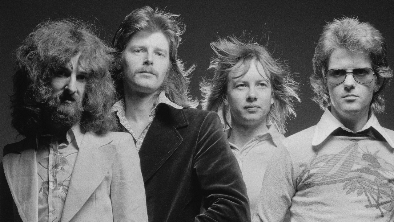 Barclay James Harvest in 1975: Les Holroyd, Stuart 'Woolly' Wolstenholme, Mel Pritchard and John Lees. (Photo by Michael Putland/Getty Images)