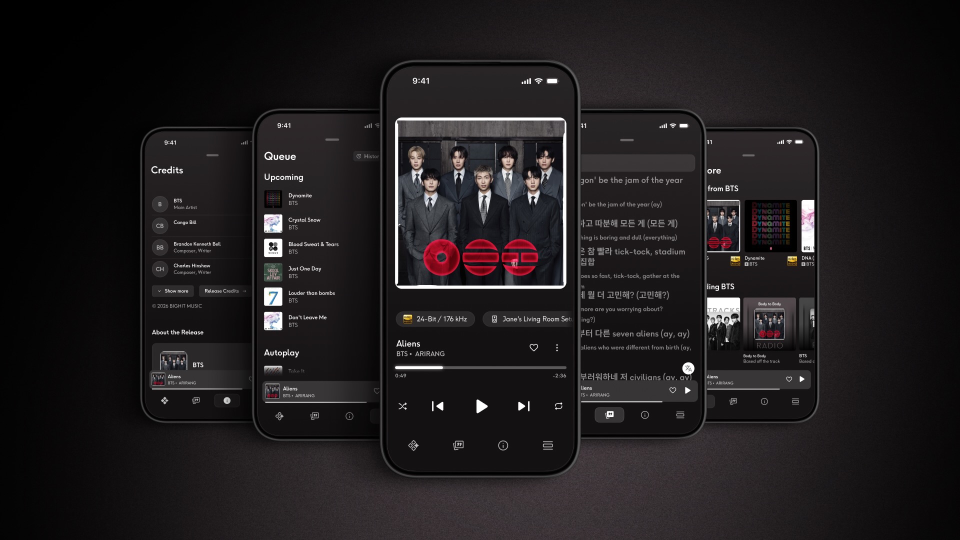 Multiple phones in a row, all running the Qobuz mobile app (with the band BTS on screen) showing the new player and its features.