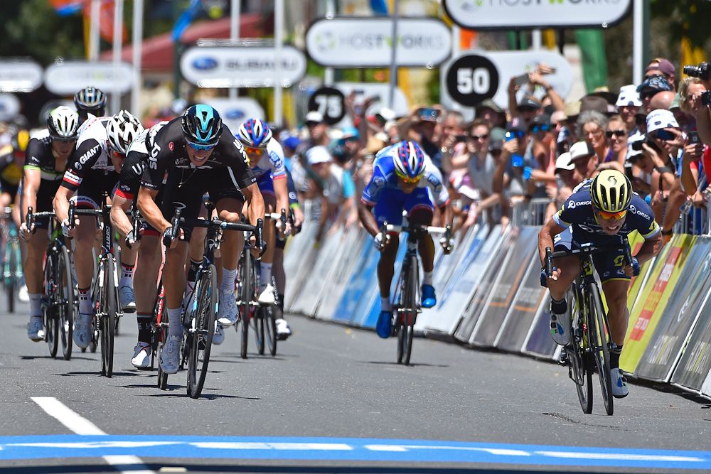 Caleb Ewan beats Danny Van Poppel to the line to win stage 1 of the Tour Down Under