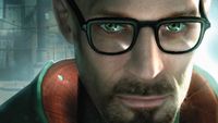 Close up of classic box art render of Gordon Freeman's face from Half-Life 2.