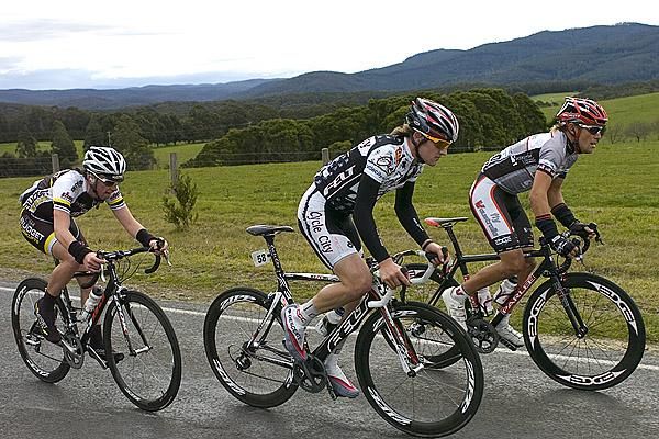 Scott Davis (Fly V Australia), Rhys Gillett (Cycle City) and Craig McCartney (Budget Forklifts) escaped the peloton's clutches on a climb during stage four.