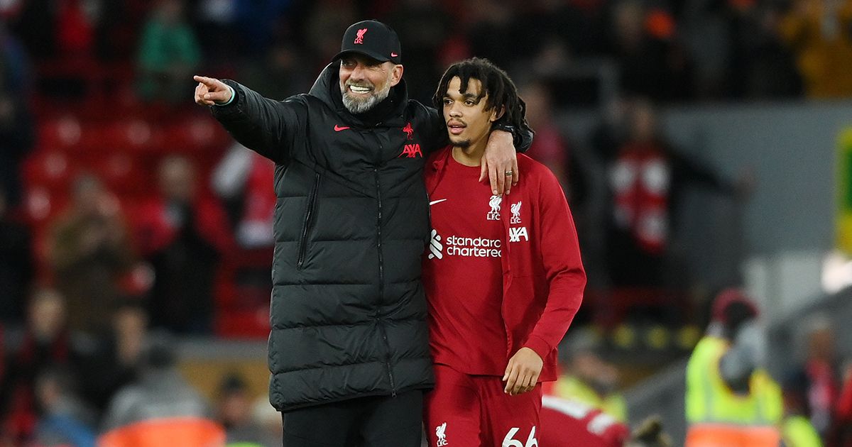 Liverpool manager Jurgen Klopp speaks with Trent Alexander-Arnold of Liverpool after their side&#039;s victory in the Premier League match between Liverpool FC and Wolverhampton Wanderers at Anfield on March 01, 2023 in Liverpool, England.