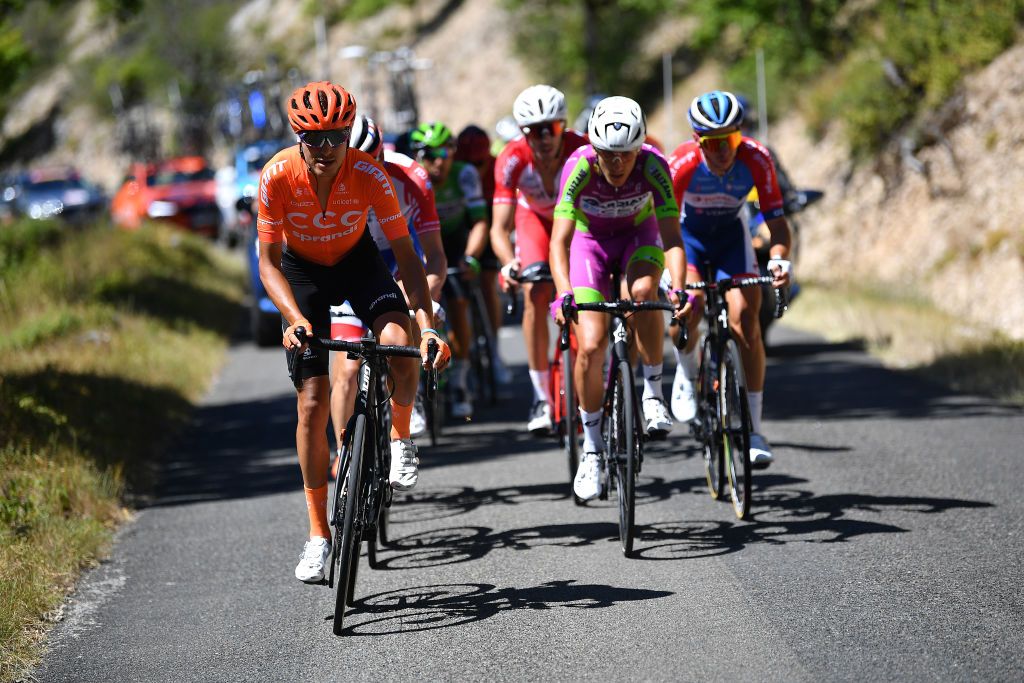 ROCAMADOUR FRANCE AUGUST 04 Fausto Masnada of Italy and CCC Team Filippo Zana of Italy and Team Bardiani CSF Faizane Anthony Turgis of France and Team Total Direct Energie Breakaway during the 44th La Route dOccitanie La Depeche du Midi 2020 Stage 4 a 195km stage from Lectoure to RocamadourCauvaldorLot 295m RouteOccitanie RDO2020 on August 04 2020 in Rocamadour France Photo by Justin SetterfieldGetty Images