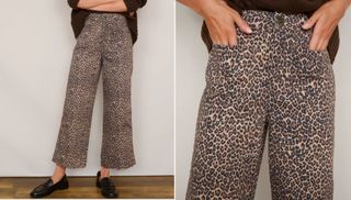 Two images of women wearing leopard print trousers