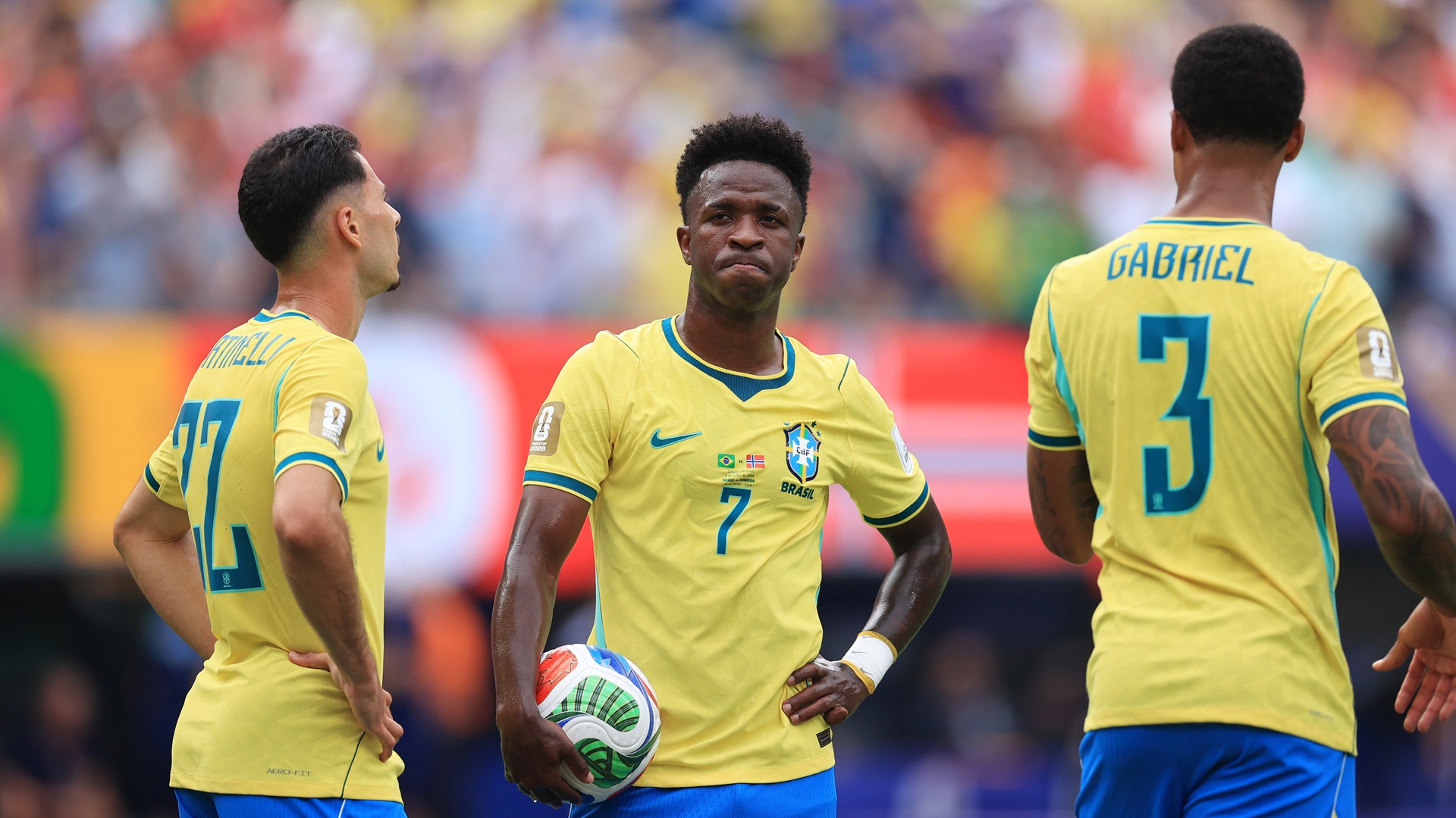 Vinicius Junior of Brazil looks on during the FIFA World Cup 2026 Round Of 16 match between Brazil and Norway at New York New Jersey Stadium on July 5, 2026 in East Rutherford, New Jersey.