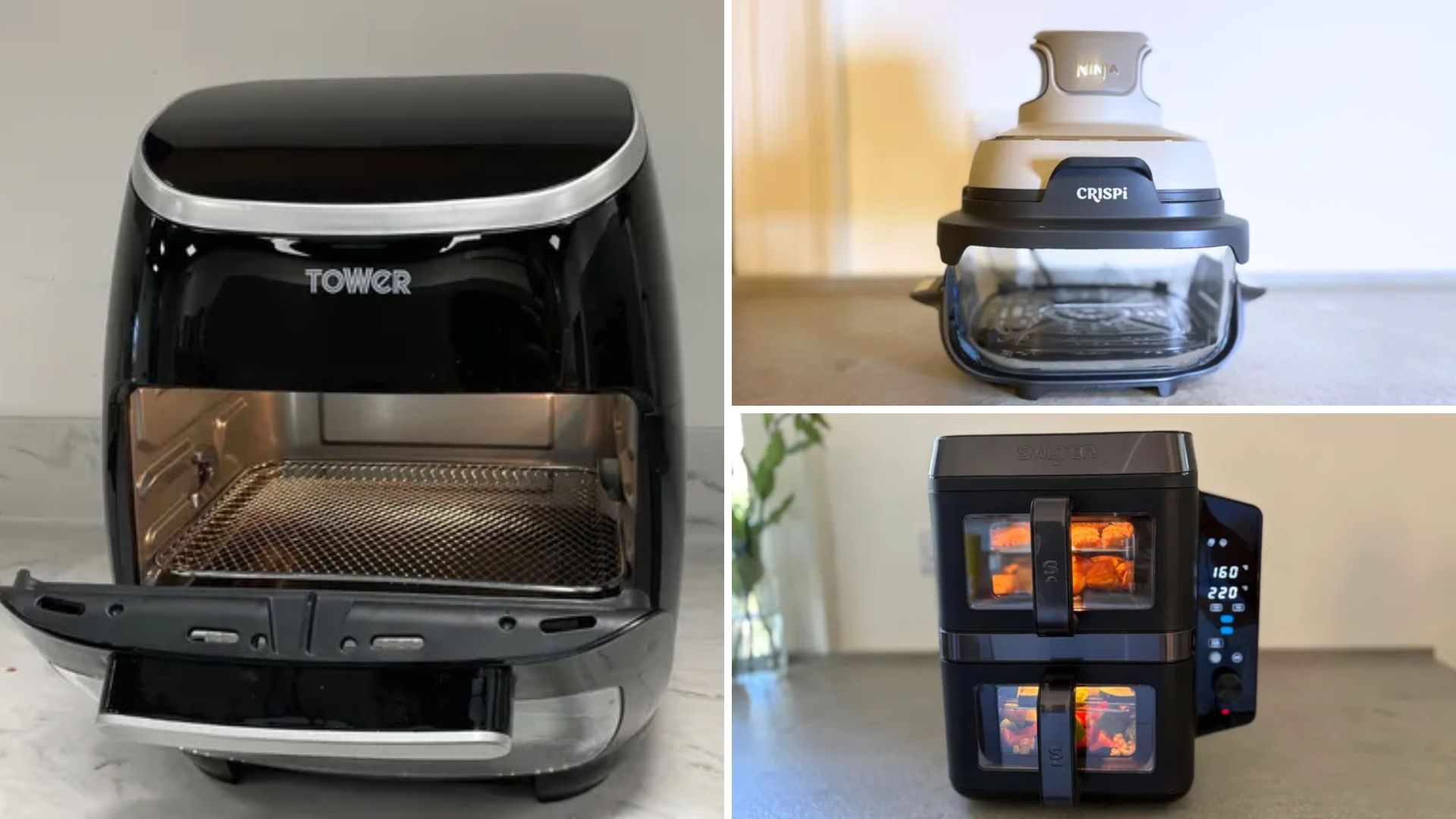 The three non-toxic air fryers: the Tower XPress, Ninja Crispi, and Salter Verticook