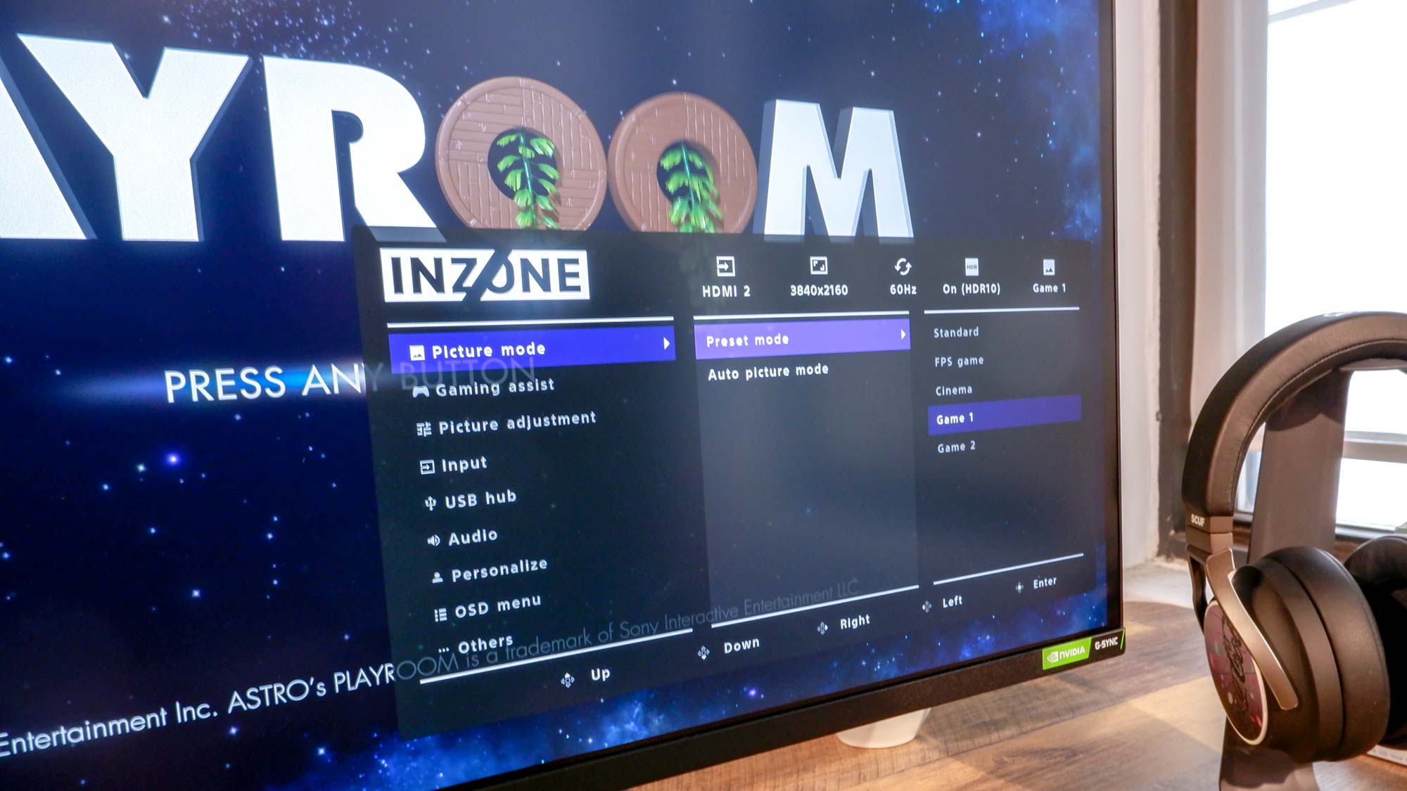 Sony Inzone M9 gaming monitor close-up of the on-screen menu