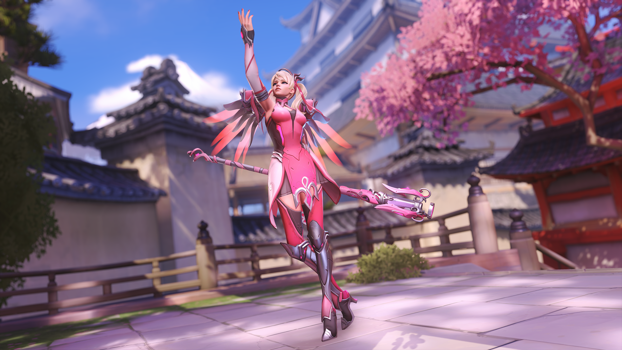 Overwatch 2 Pink Mercy skin with bright background