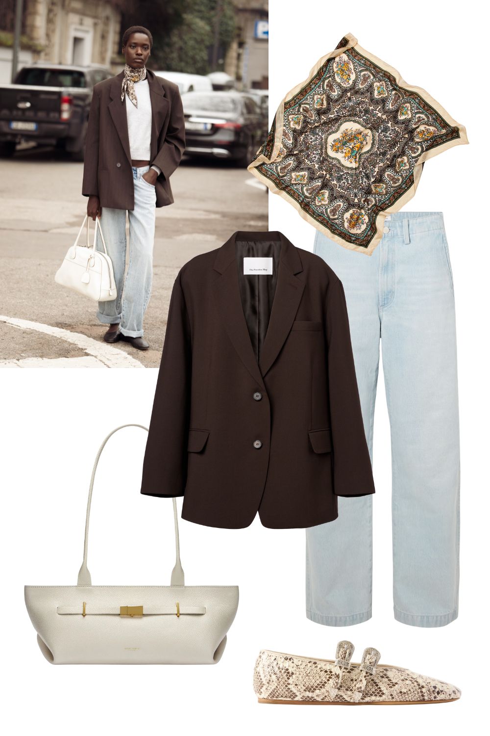 flat lay cutout images of how to style a silk scarf outfit idea - round the neck