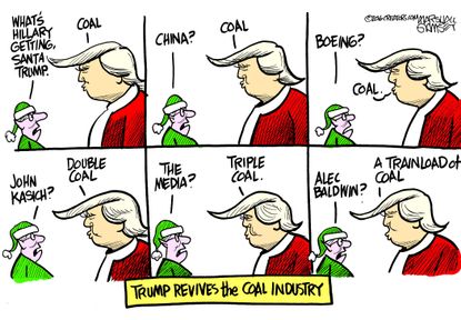 Political cartoon U.S. Donald Trump coal industry Christmas holiday