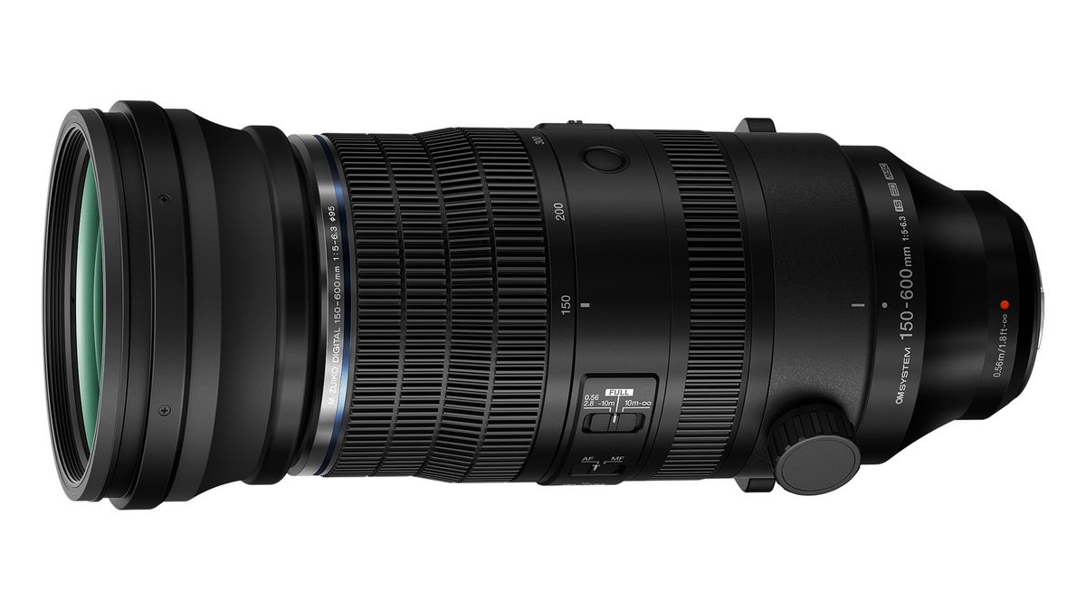 OM System M.Zuiko 150-600mm F5.0-6.3 IS lens on a white background