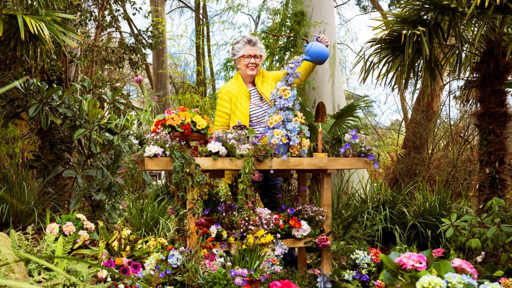 Prue Leith in a sea of flowers