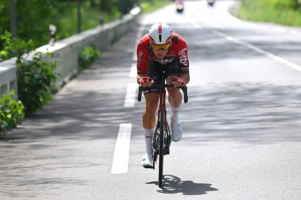 EIBAR, SPAIN - APRIL 10: Baptiste Veistroffer of France and Team Lotto Intermarché attacks during the 65th Itzulia Basque Country 2026, Stage 5 a 176.2km stage from Eibar to Eibar / #UCIWT / on April 10, 2026 in Eibar, Spain. (Photo by Tim de Waele/Getty Images)