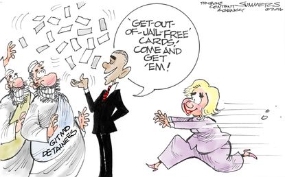Political cartoon U.S. Jail card Obama Hillary Clinton