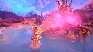 The lighthouse in Keeper in a pool looking at weird little one-eyed guys