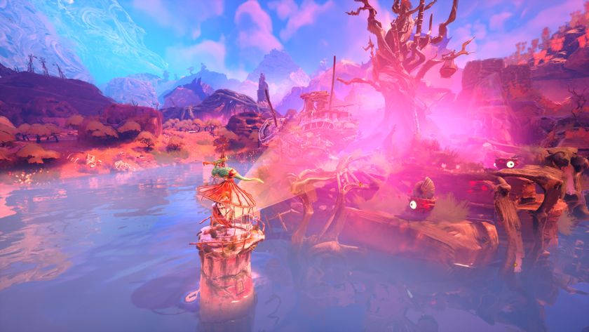 The lighthouse in Keeper in a pool looking at weird little one-eyed guys