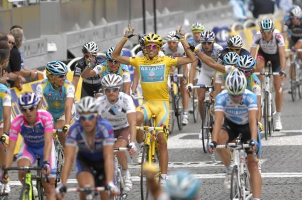 Alberto Contador (Astana) can't hide his delight at winning another Tour