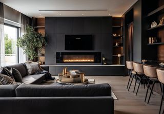 Decorilla black great room idea with contemporary fireplace and large corner sofa