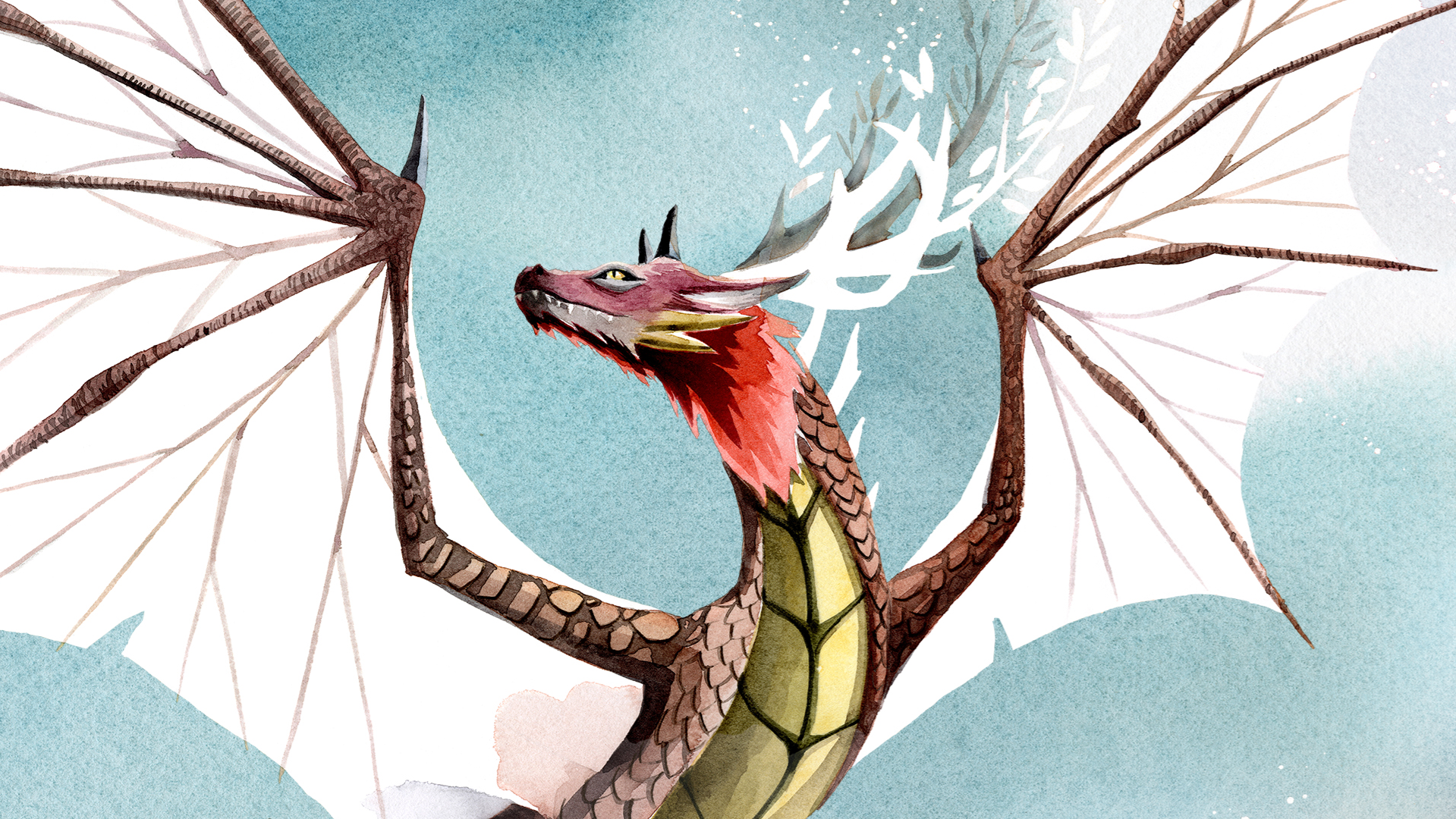An illustration of a dragon spreading its wings.