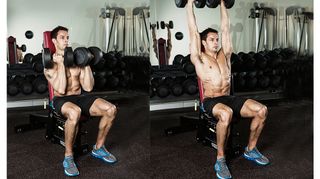 Man demonstrates two positions of the seated Arnold press