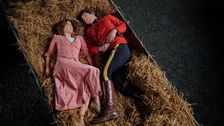 Erin Krakow and Kevin McGarry share dreams while laying on hay in a barn, When Calls The Heart Season 11.