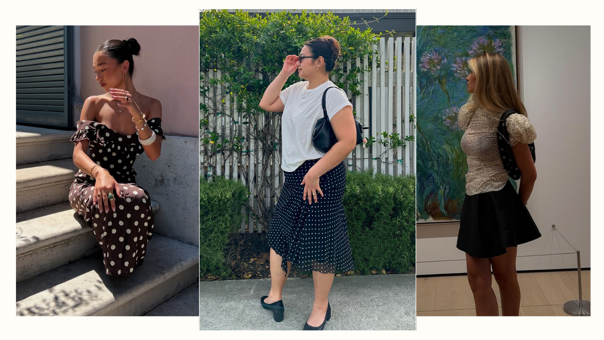 Three fashion people wear polka dot spring outfits 2026