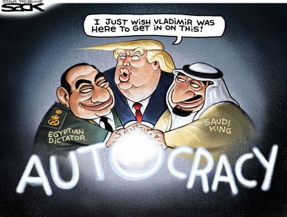 Political cartoon U.S. Trump Egypt Saudi Arabia Putin autocracy