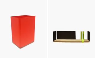 RIGHT: legless portable office table with green an black details, photographed against a white background; LEFT: red rectangular shaped vertical bin, photographed against a white background
