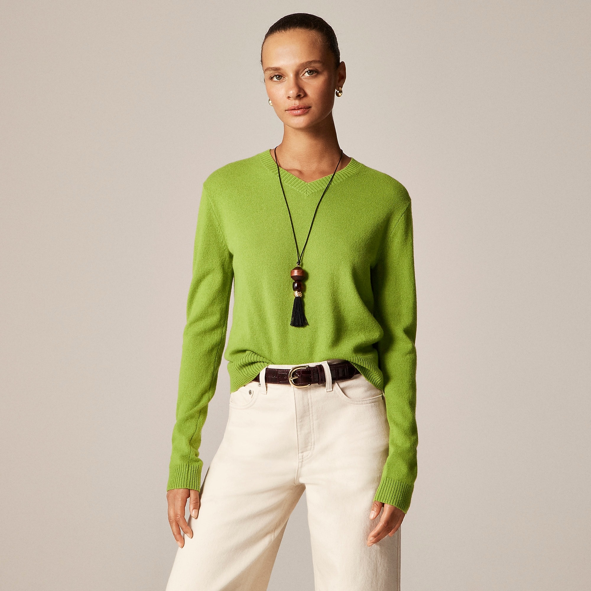 J.Crew, Cashmere high V-neck sweater in August Peridot