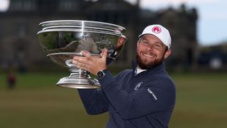 Tyrrell Hatton holding the Alfred Dunhill Links Championship trophy