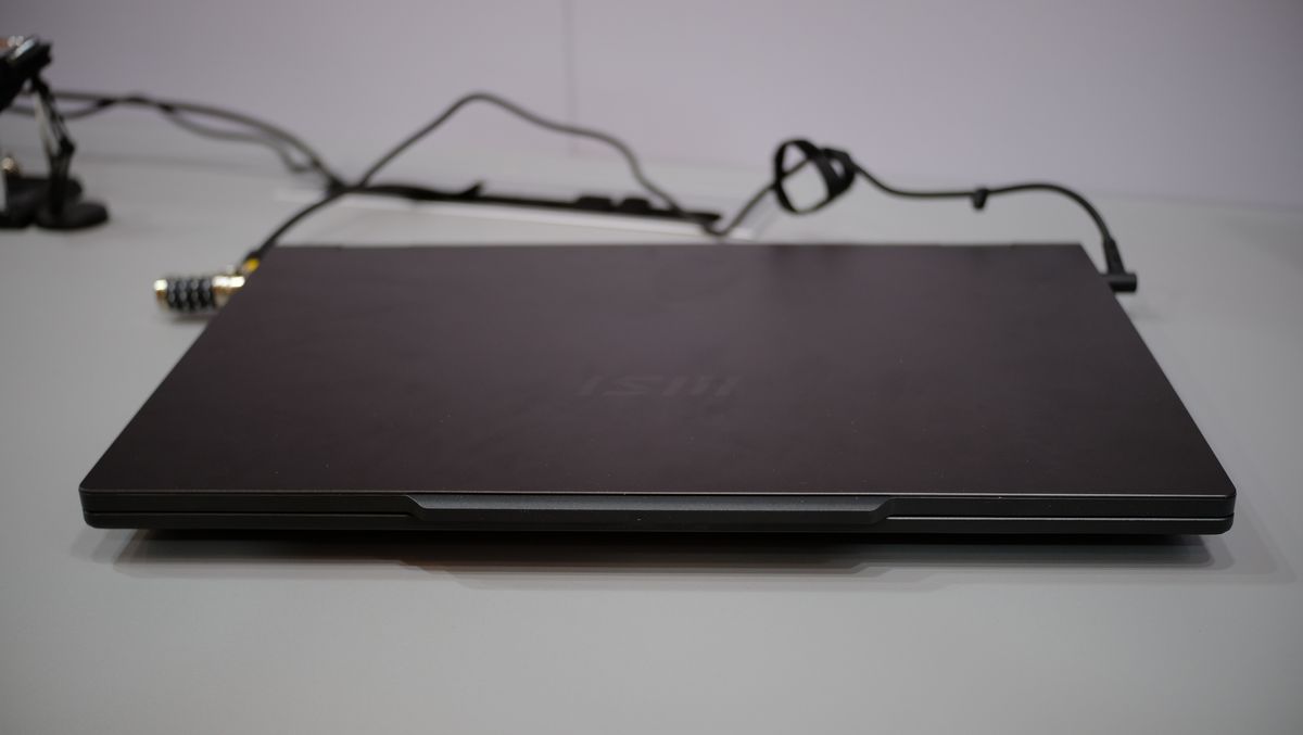 The MSI Venture with lid closed on display at CES 2025