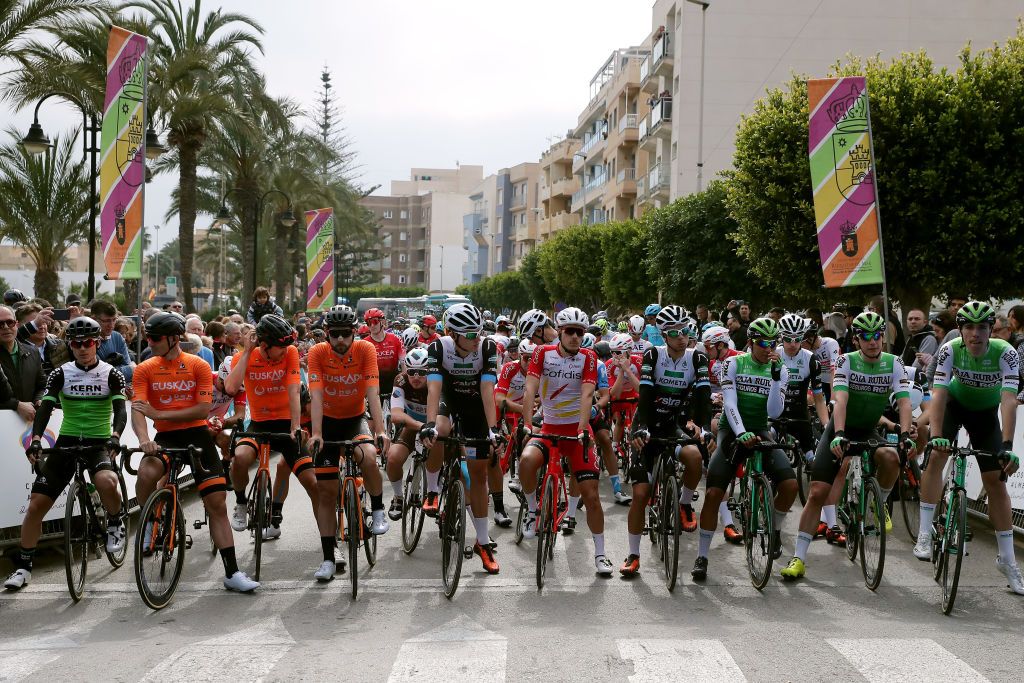 ROQUETAS DE MAR SPAIN FEBRUARY 16 Start Riders of Team Fundacion Orbea Alexis Gougeard of France and Team AG2R La Mondiale Peloton during the 33rd Clsica de Almera 2020 a 1876km stage from Roquetas de Mar to Roquetas de Mar ClasicaAlmeria on February 16 2020 in Roquetas de Mar Spain Photo by Gonzalo Arroyo MorenoGetty Images
