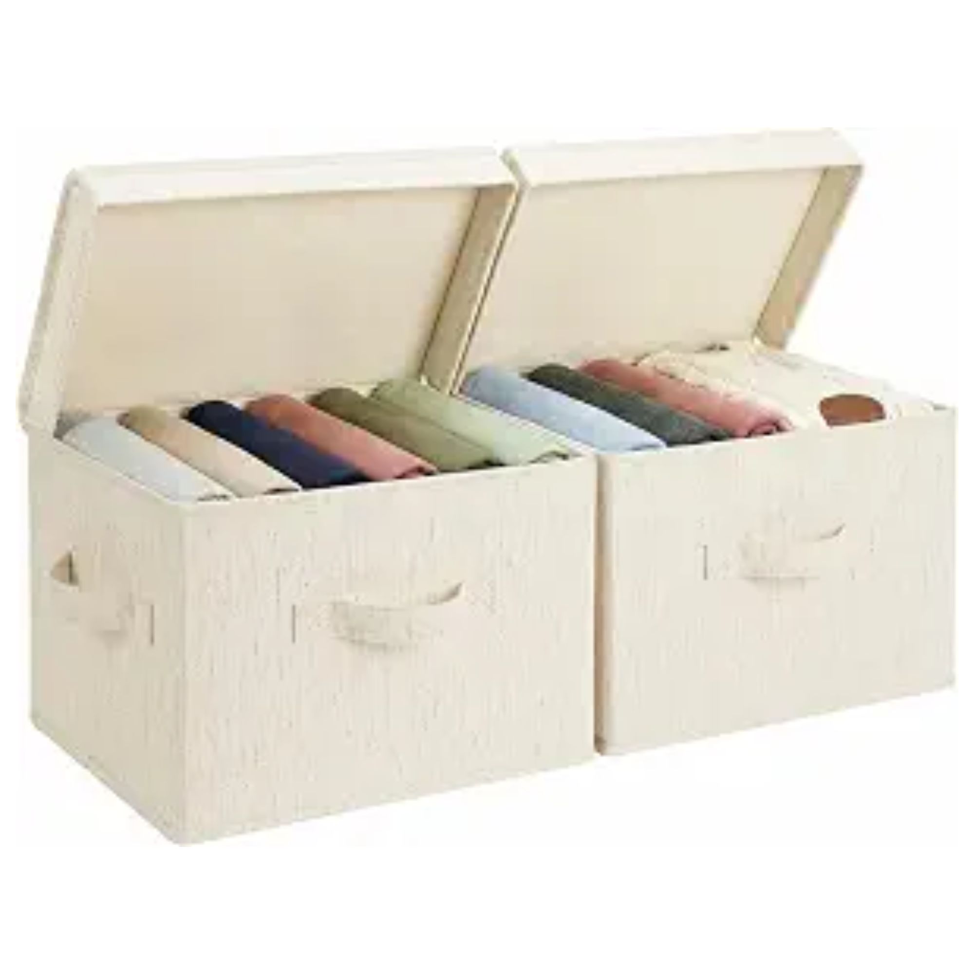 Two light cream storage baskets with flip lids