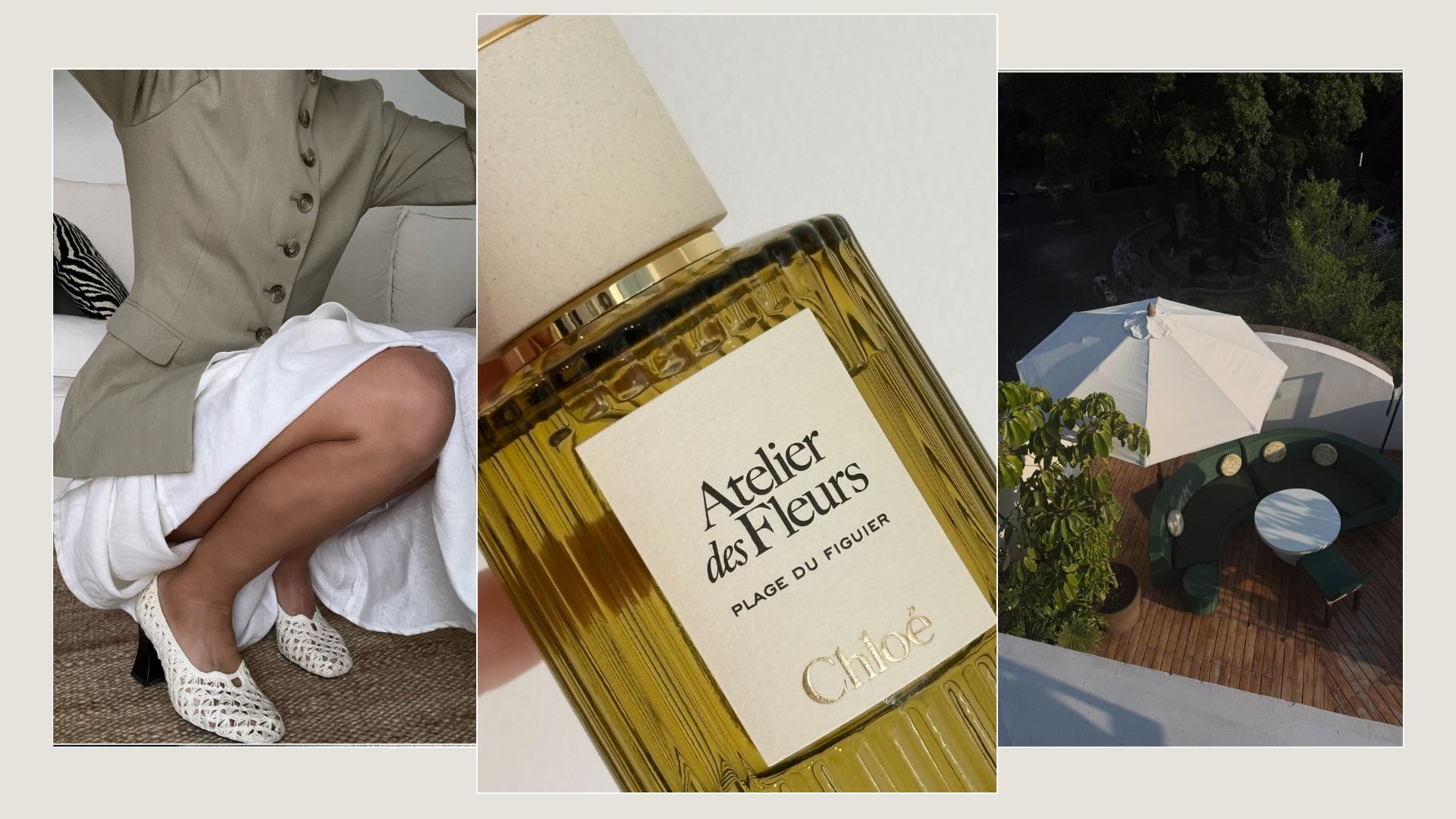 A picture of a spring outfit, the Chloe Atelier des Fleurs Plage du Figuier Eau de Parfum and a beach resort