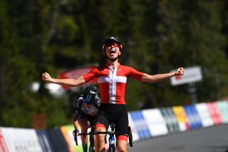 NOREFJELL NORWAY AUGUST 13 EDITORS NOTE Alternate crop Cecilie Uttrup Ludwig of Denmark and Team FDJ Nouvelle Aquitaine Futuroscope celebrates at finish line as stage winner during the 8th Tour of Scandinavia 2022 Battle Of The North Stage 5 a 1274km stage from Vikersund to Norefjell 791m UCIWWT tourofscandinavia TOSC22 on August 13 2022 in Norefjell Norway Photo by Luc ClaessenGetty Images