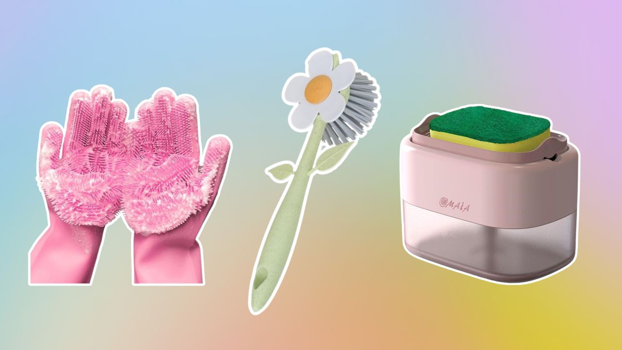 Gloves, brush, and soap holder on rainbow background