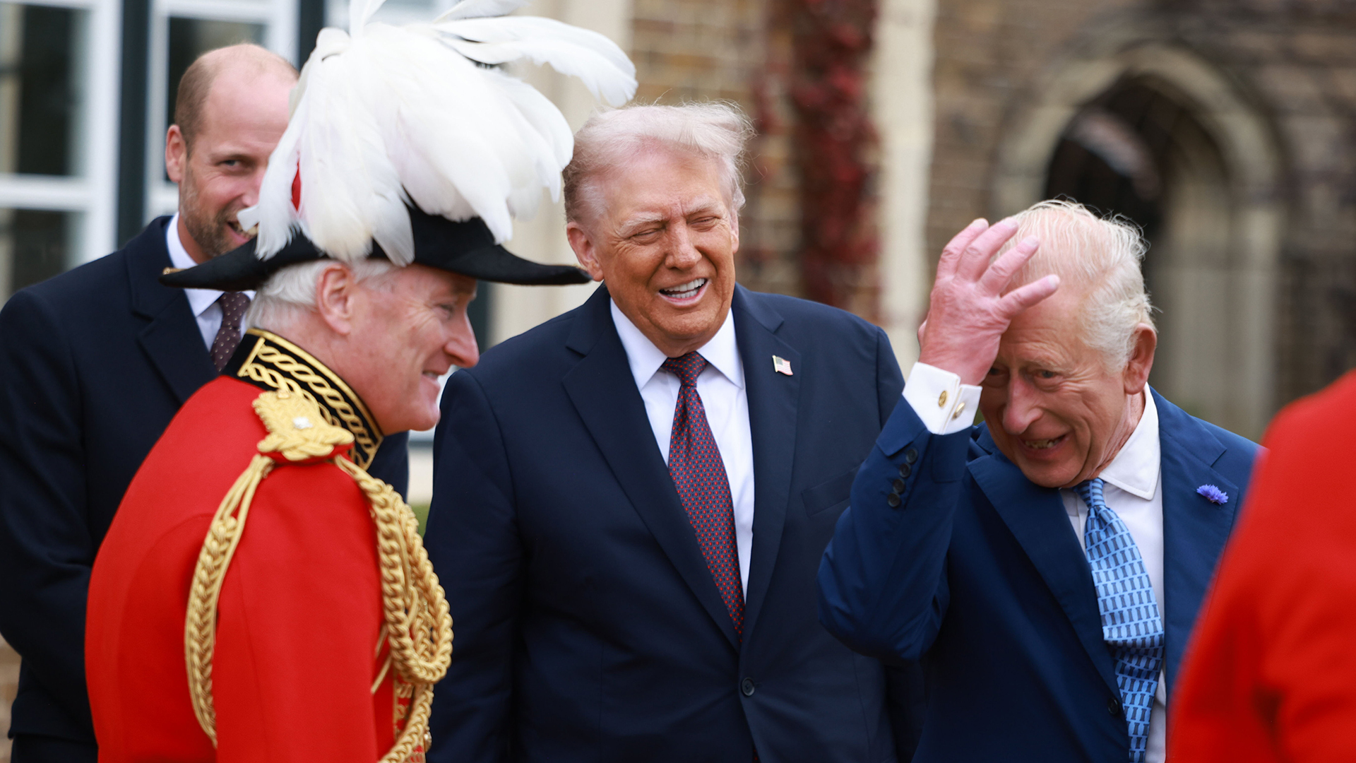 WINDSOR, ENGLAND - SEPTEMBER 17: US President Donald Trump (C) is welcomed to Windsor Castle by King Charles III (R) and Prince William, Prince of Wales on day two of the US President Donald Trump&#039;s second state visit to the UK on September 17, 2025 in Windsor, England. (Photo by Ian Vogler - WPA Pool/Getty Images)