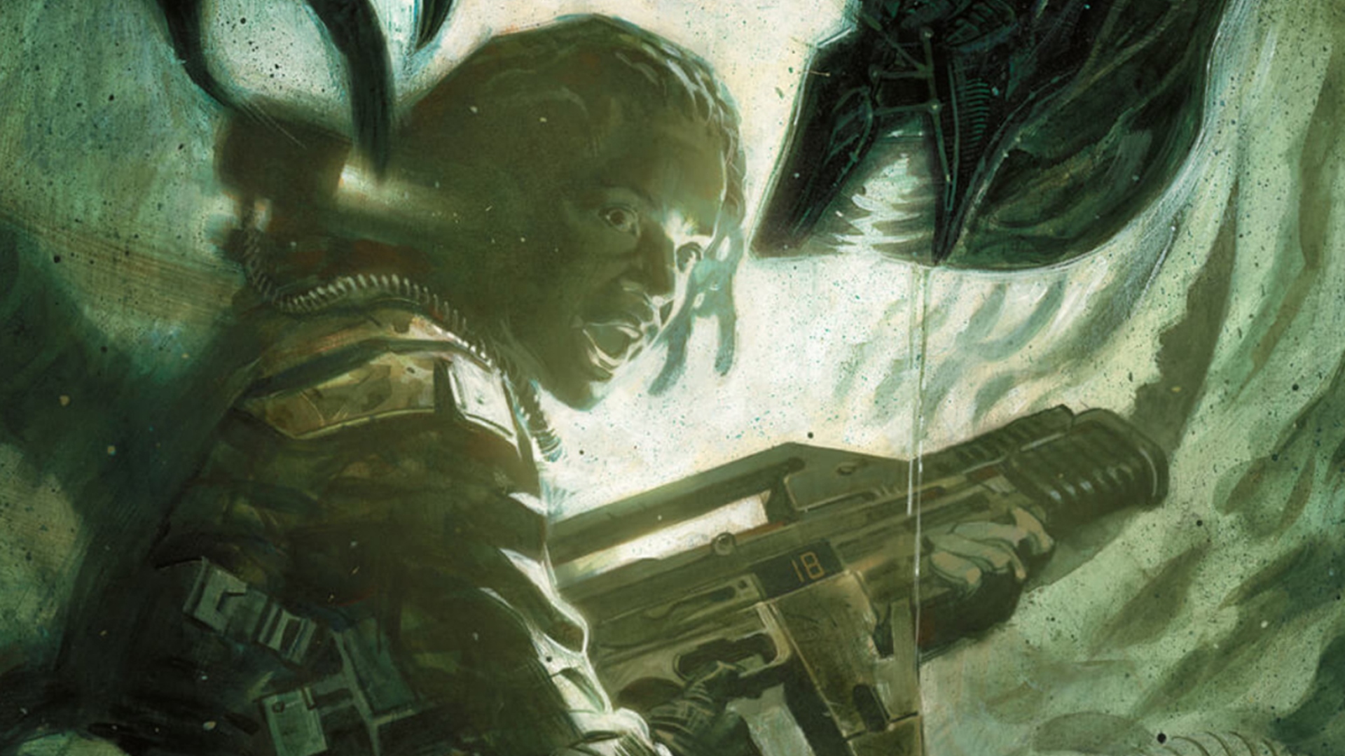 A woman with a futuristic rifle turning her head, as behind her a Xenomorph lowers itself from the ceiling to grab her