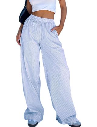 Pivanzore Women's Stripe Pajama Pants Y2k Elastic High Waisted Wide Leg Pants Loose Lounge Sleep Pants Trousers With Pockets(a Blue,small)