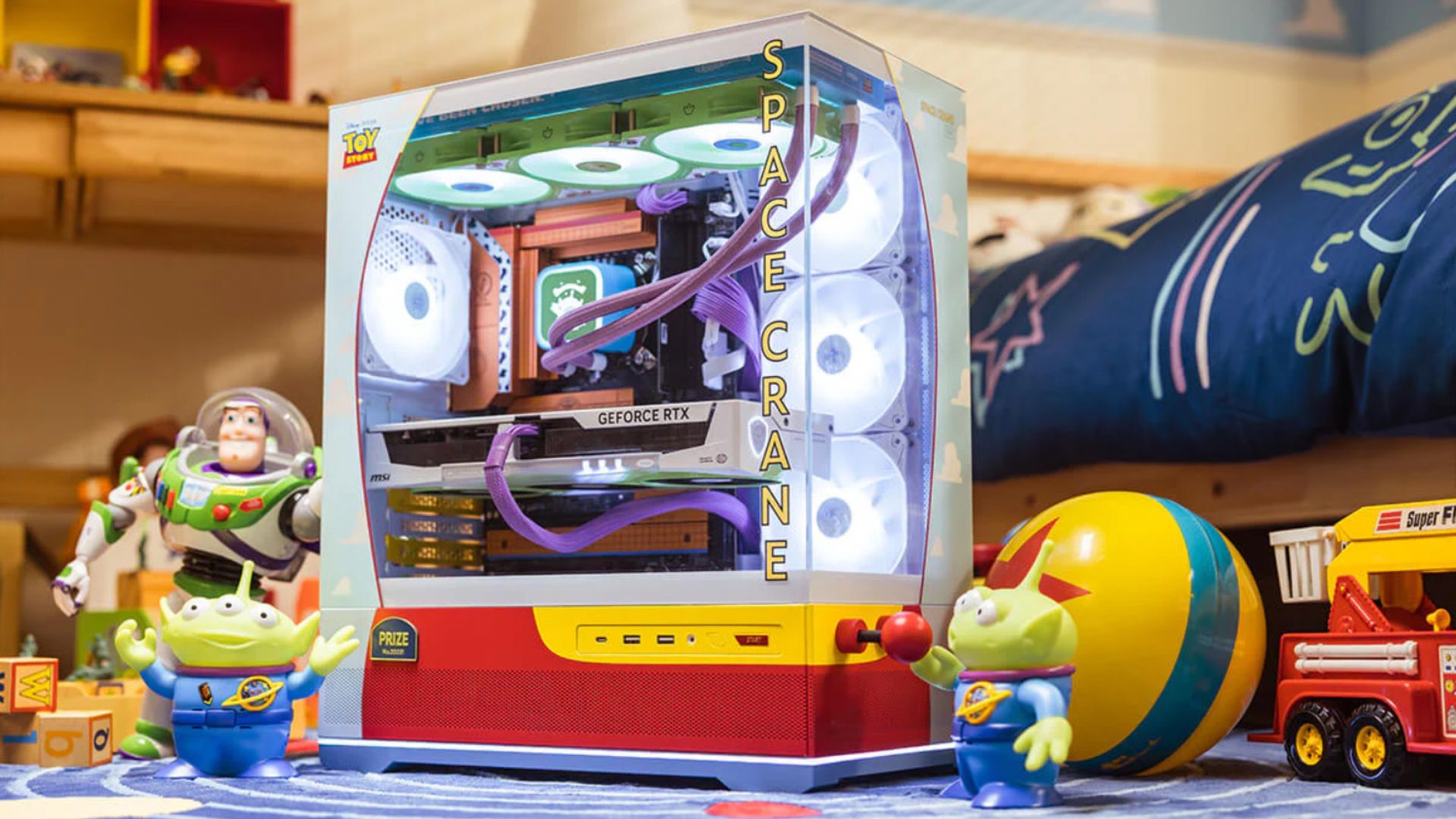 MSI&#039;s toy story gaming PC with buzz lightyear GPU and Woody Motherboard, in a kid&#039;s bedroom
