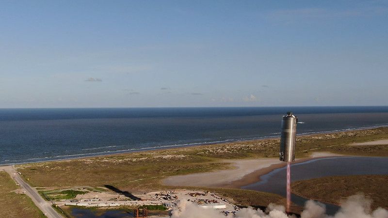 SpaceX&#039;s SN5 Starship prototype performs a 500-foot-high test flight at SpaceX&#039;s facilities near the South Texas village of Boca Chica, on Aug. 4, 2020. 