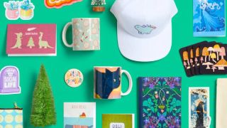 An array of items including patterned mugs, stickers, cards, and badges from RedBubble.