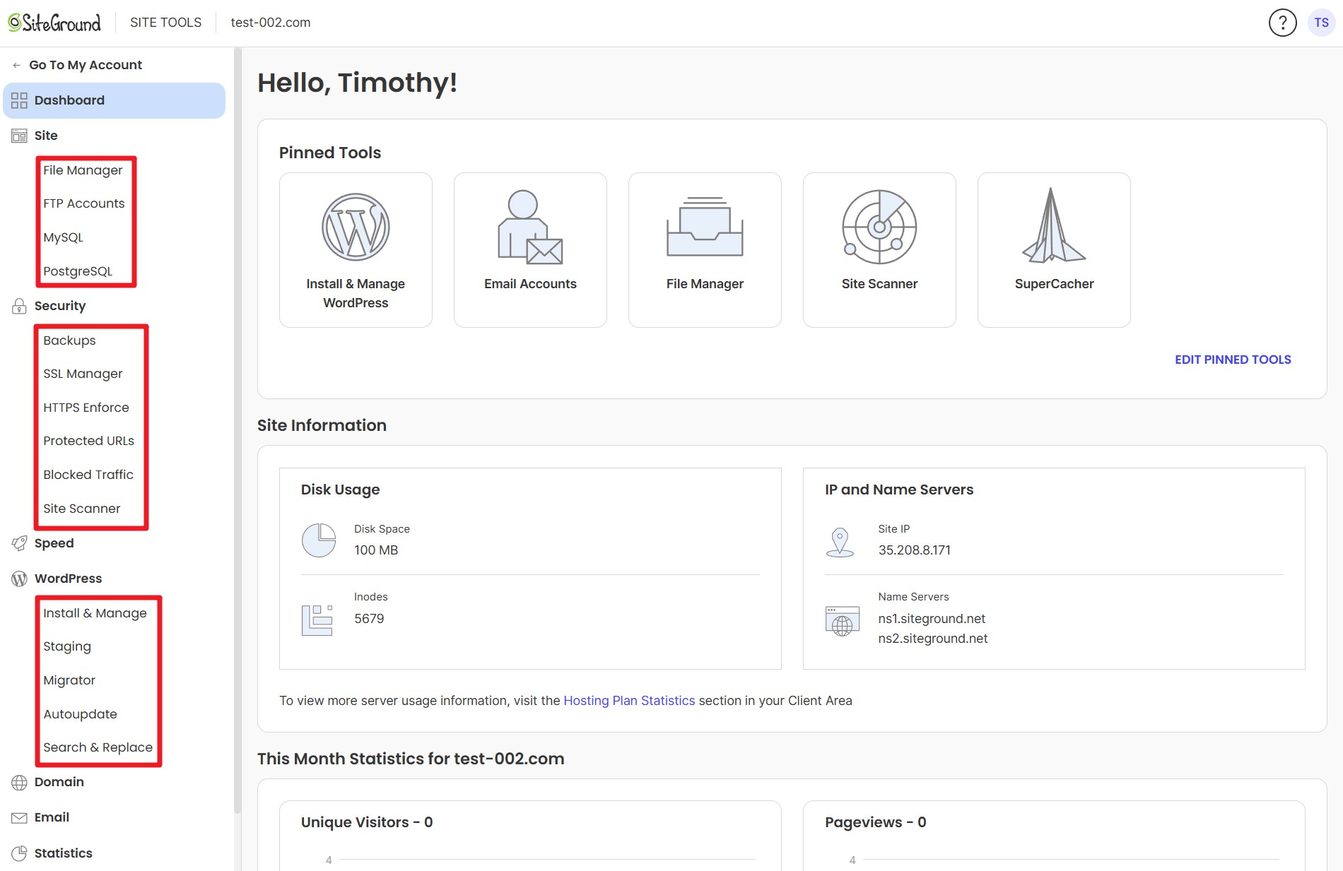 SiteGround site tools dashboard