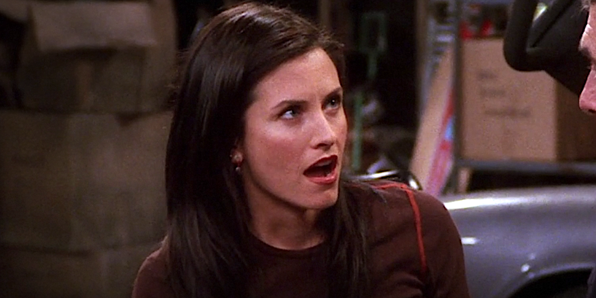 Friends Monica Courtney Cox reacts as Ross says something at their parents&#039; house.