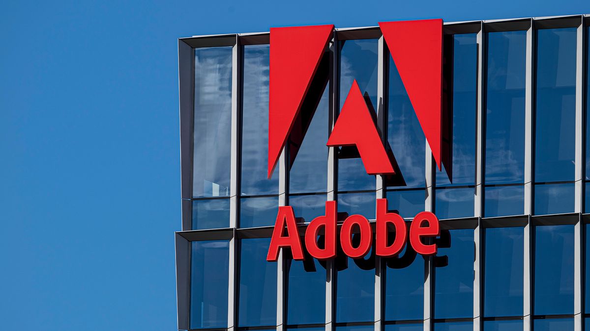 Adobe logo pictured on the company&#039;s headquarters in San Jose, California.