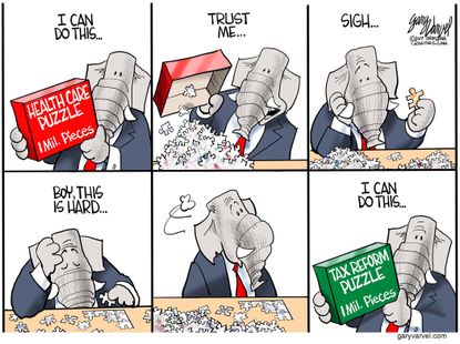 Political cartoon U.S. Republican health care tax reform puzzle