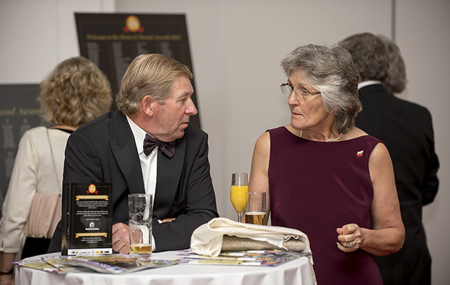 Nick Skelton with Clare Hadley, wife of showjumping commentator Stephen Hadley